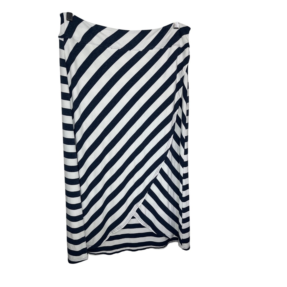 Athleta Skirt Wrap Front Midi L Navy White Striped Tulip Hem Stretch Coastal